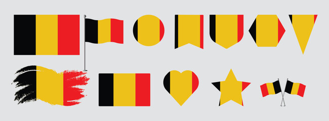 Set Belgium flags, banners, brush, symbols, flat icon. Vector illustration of collection of national symbols on various objects and state signs and shape 