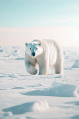 Majestic polar bear walking on snowy Arctic landscape under clear blue sky