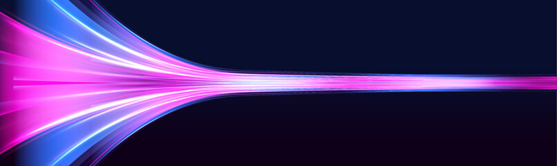 Abstract image of speed motion on the road. Dark blue abstract background with ultraviolet neon glow, blurry light lines, waves. Glittering light trails and fire flare traces.