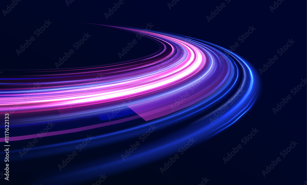 Poster vibrant neon waves on dark backdrop, ideal for modern design projects. neon color glowing lines. ele