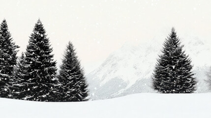 Obraz premium Snow covered pine trees in a serene winter landscape with mountains in the background