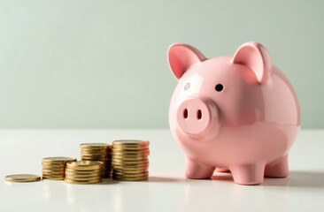 Piggy bank and coins on white background with copy space.