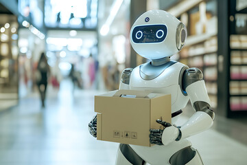 A sleek robot delivering packages or assisting customers in a high-tech retail store, showcasing convenience and efficiency


