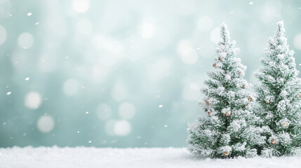 Snow covered evergreen trees on a wintery background