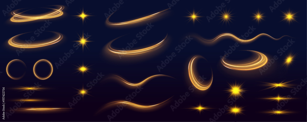 Poster light effect flashes white glitter, vector glow line glitters. large collection of bright yellow lig