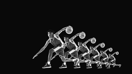 Basketball player sprinting forward with ball, sleek black and white design. Stroboscopic effect...