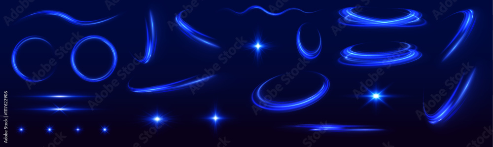 Poster a large set of light effects, stars, curved lines, elements of speed, glare, flashes on a black back