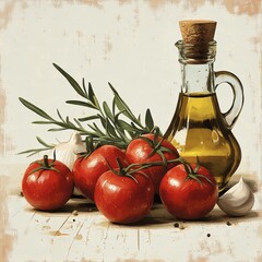 Still Life of Fresh Tomatoes, Garlic, and Olive Oil