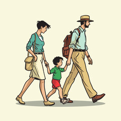 mom and dad walking with their kid as a happy family