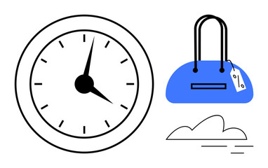 Analog clock with black hands, blue handbag with price tag, and a simple drifting cloud. Ideal for time management, shopping, travel, business, fashion weather marketing themes. Line metaphor