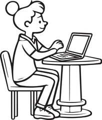 Boy Sitting at Computer Coloring Page