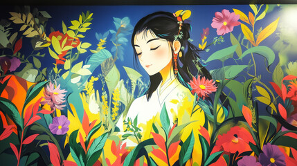 Graffiti plants and characters on the wall