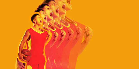 Basketball player shouting with passion, holding ball, set against bold yellow background....