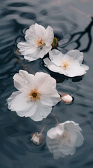 floating flowers, white blossoms, water ripples, serene image, nature aesthetics, floral beauty, delicate petals, calming visuals, minimalistic style, aesthetic flowers, soft tones, peaceful vibe