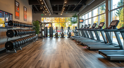 A fitness equipment store with treadmills, weights.