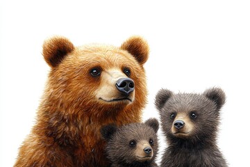 Fototapeta premium A mother bear with two cubs, showcasing a nurturing family dynamic in nature.