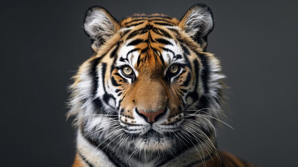 Obraz premium Close-up of a majestic tiger staring intently with vivid stripes and detailed fur against a dark background
