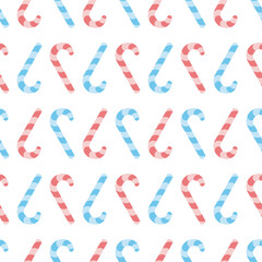 Candy cane. Upside down sweets. Repeating vector pattern. Continuous Christmas ornament of striped multicolored lollipops. Isolated colorless background. Flat style. Idea for web design.
