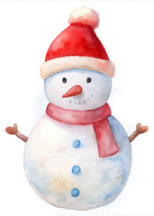 A watercolor painting of a snowman wearing a red hat and a red scarf