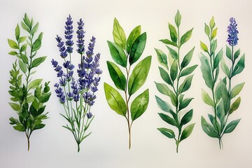 A watercolor illustration of various green plants and lavender.