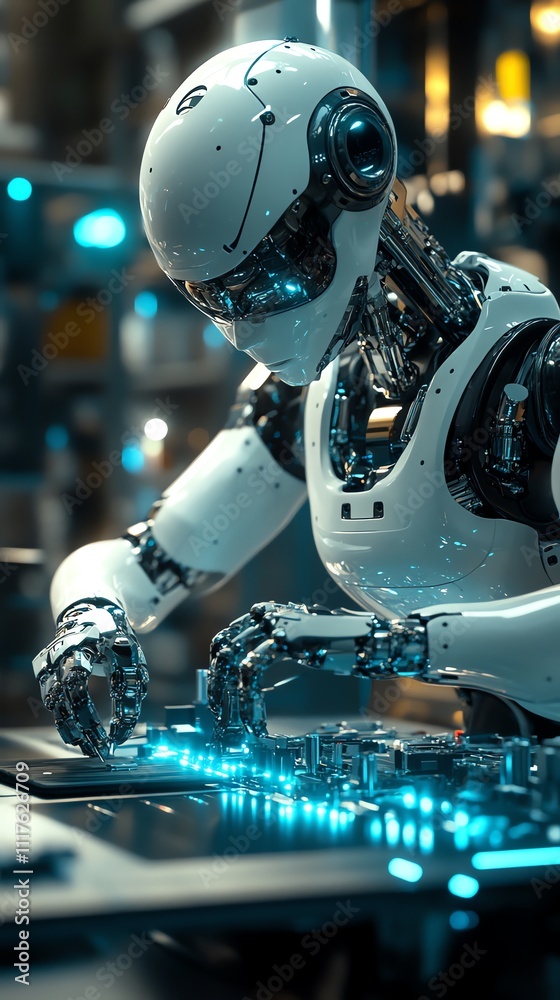 Poster A futuristic robot assembling components with glowing lights in a high-tech environment.