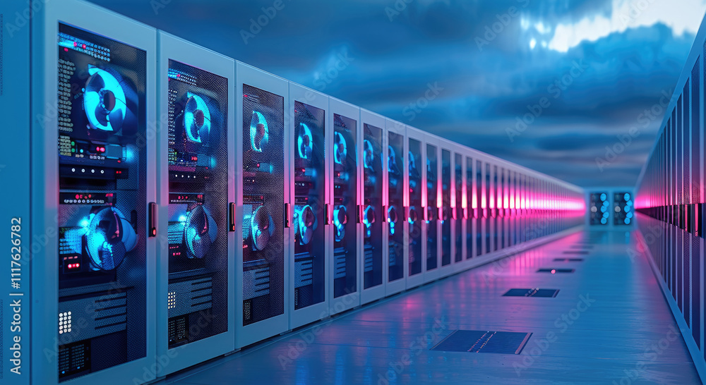 Aufkleber An advanced server room at night, with cooling fans spinning and rows of servers glowing with soft blue lights, creating a calm but powerful energy.