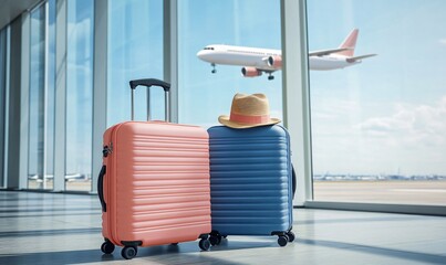 Obraz premium Airplane and airport with travel essentials; a minimalistic travel concept background.