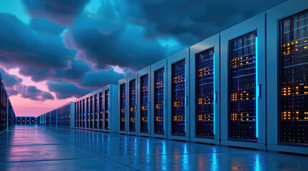 An advanced server room at night, with cooling fans spinning and rows of servers glowing with soft blue lights, creating a calm but powerful energy.
