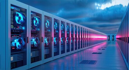 An advanced server room at night, with cooling fans spinning and rows of servers glowing with soft blue lights, creating a calm but powerful energy.