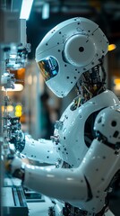 Fototapeta premium A humanoid robot interacting with technology in a modern environment.