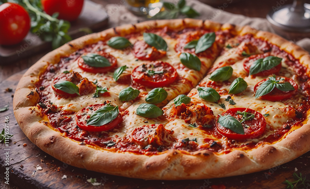 Poster a pizza with tomatoes and basil on top. the pizza is cut in half and is sitting on a wooden table