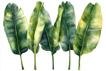 A watercolor illustration of green tropical leaves arranged in a fan shape.