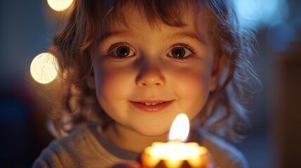 Joyful Hanukkah Celebration: Young Child Spinning Lit Dreidel with Excitement in Candlelight Glow
