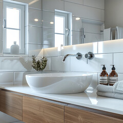 Bathroom, tile walls, clean, bright and warm, large countertop.