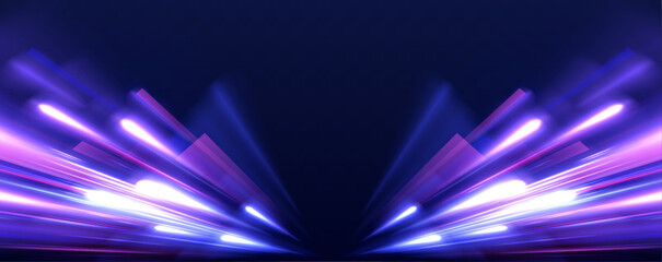 Night highway with dynamic light effects, neon purple, blue, and red glowing trails, and futuristic speed motion visualization.	