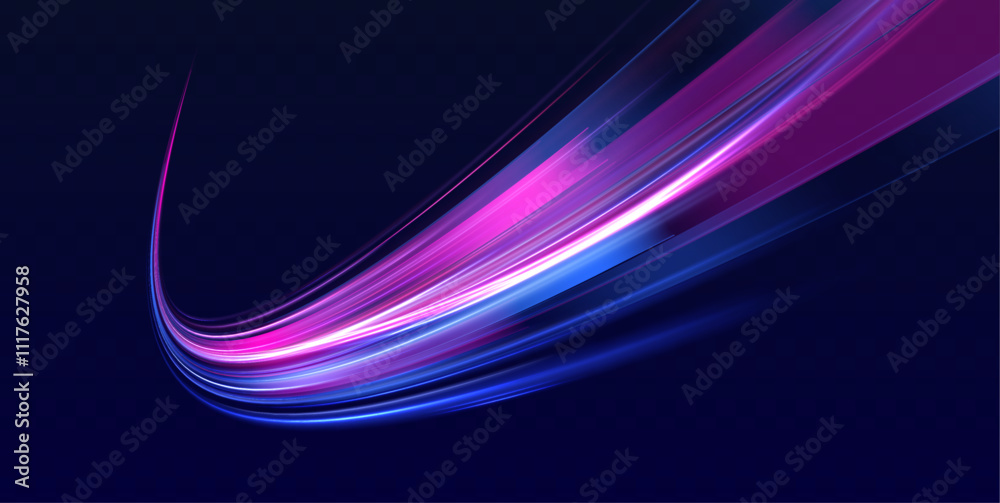 Poster light trails on road at night. abstract futuristic neon background with glowing ascending lines. rac