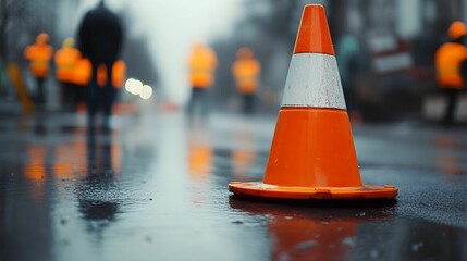Construction workers ensure safety during urban road repair on a rainy day