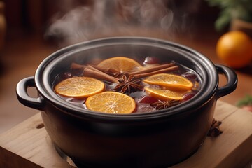 A steaming pot of mulled wine topped with slices of orange, star anise and cinnamon sticks