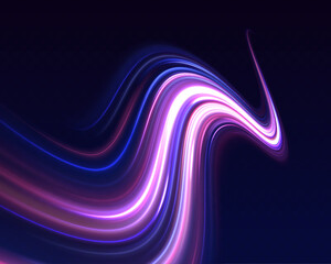 Bright glowing line of new technologies on dark background in neon colors. Beautiful glow light flare and spark. Dynamic abstract vector art with flowing lines in vibrant pink, purple.	