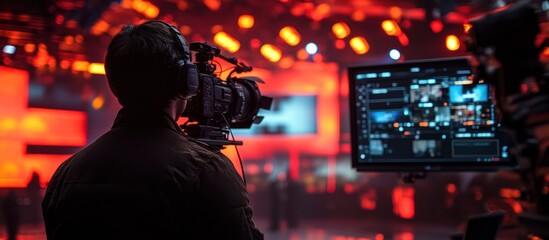 Cameraman filming a live event with a professional camera and a monitor displaying the live feed in a blurry background.