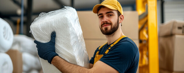 Furnace Filter and clean concept. Smiling worker handling packaging material in a warehouse.