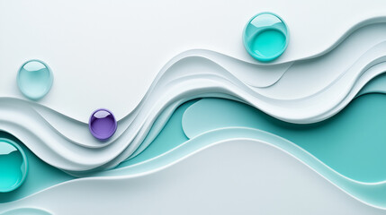 Dynamic green and purple waves and circles on a minimalist white backdrop.