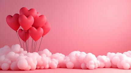Romantic Pink Heart Balloons Floating on Clouds