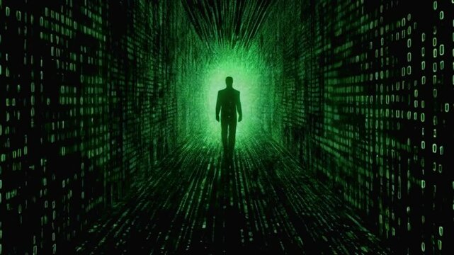  a digital concept with a background of binary code, consisting of strings of 1s and 0s in white font on a dark backdrop. The binary code is arranged in rows that span across the image, and there is a
