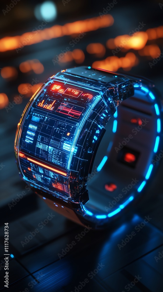 Poster a futuristic digital watch with glowing elements and a transparent design.