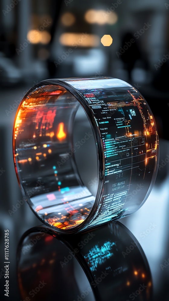 Aufkleber A futuristic transparent bracelet displaying vibrant digital data and information.