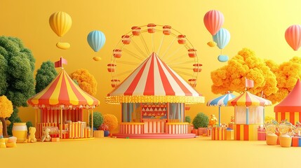 A vibrant carnival scene with colorful tents, a ferris wheel, and hot air balloons.