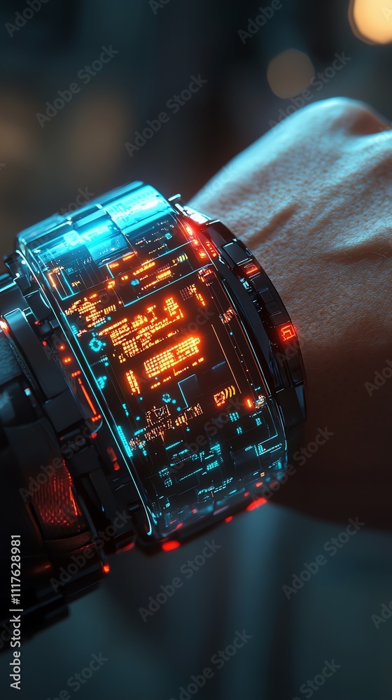 Aufkleber a futuristic, glowing smartwatch displaying intricate digital patterns on a wrist.