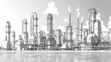 Monochrome illustration of an industrial refinery complex reflecting on water.