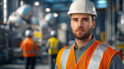safety inspector in a hard hat and reflective vest, machines.